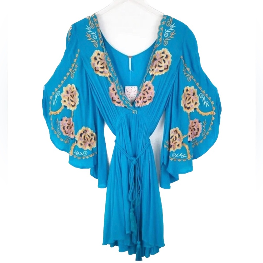 NWT Free People Cora Embroidered Mini Dress in Turquoise Size Large - Picture 6 of 16